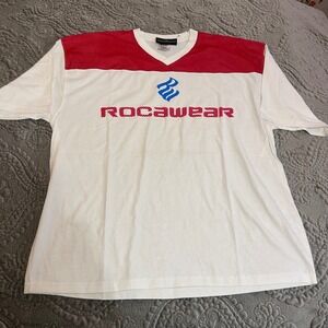 Rocawear Y2K Mens 3XL White Red Mesh Logo V Neck T Shirt Tee Made in USA